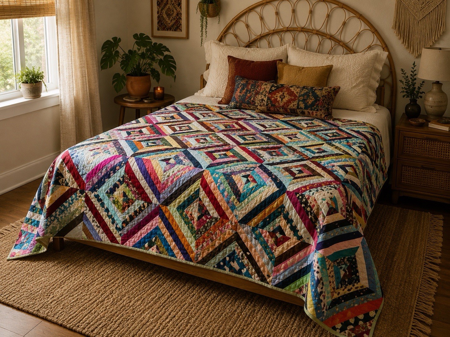 Vintage Handmade Satin String Quilt Patchwork Throw Blanket 62x96 Boho