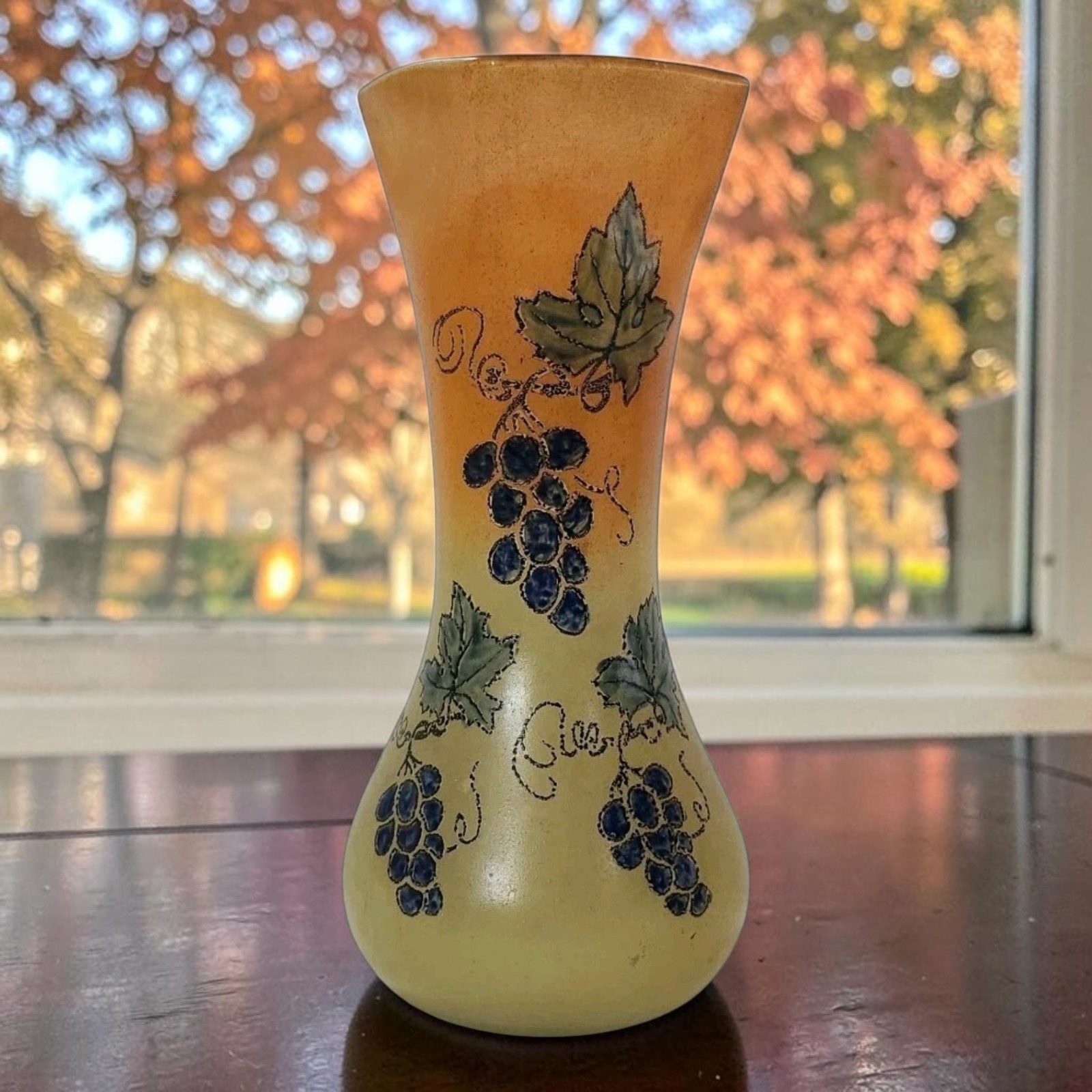 Antique Legras Art Glass Vase Enameled Grapes & Grapevines 9"T Made In France EC Antique Legras Art Glass Vase Enameled Grapes & Grapevines 9"T Made In France EC