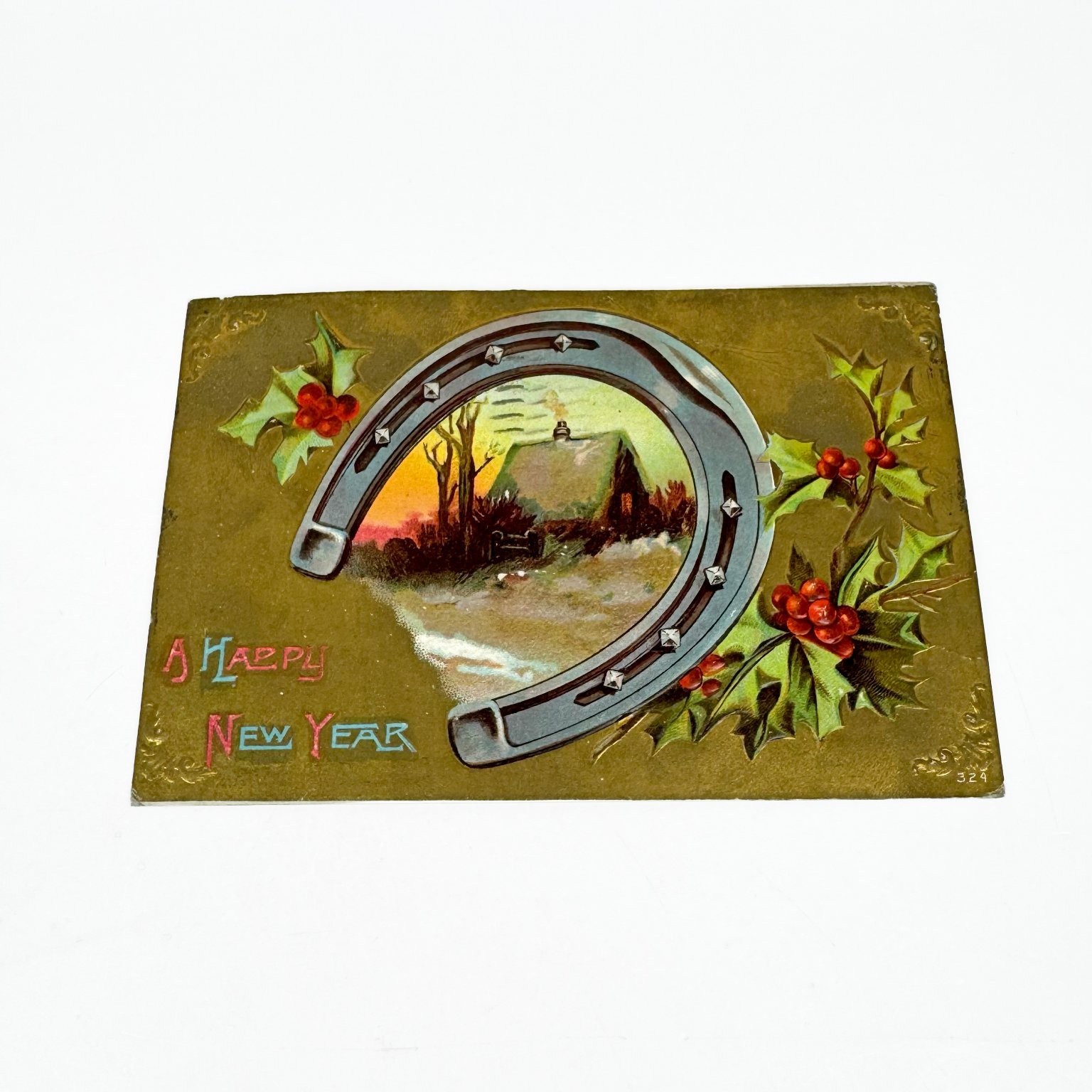 Vintage New Year Postcard 1939 Horseshoe Holly Cottage Sent Used Vintage New Year Postcard 1939 Horseshoe Holly Cottage Sent Used