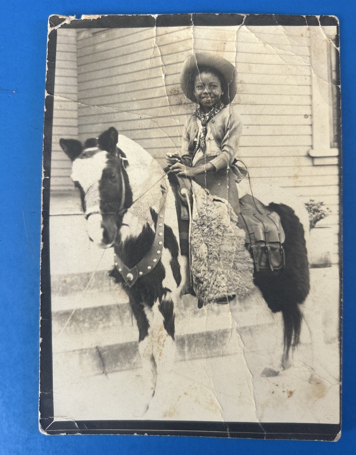 1940s Cowboy African American Boy Pinto Pony B&W Photo Black Americana Wrinkled 1940s Cowboy African American Boy Pinto Pony B&W Photo Black Americana Wrinkled