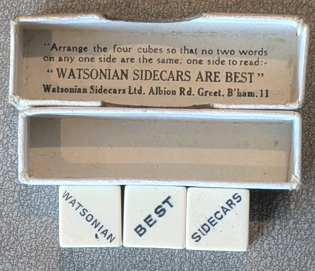 Vintage 1940s Watsonian Sidecar Advertising Puzzle Game Dice 3 of 4 Boxed Rare Vintage 1940s Watsonian Sidecar Advertising Puzzle Game Dice 3 of 4 Boxed Rare
