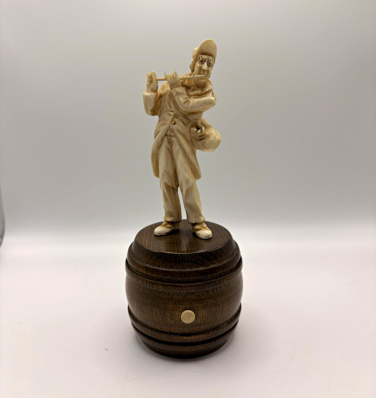 Vintage Hand Carved Flute Player Figurine Wood Barrel Base Folk Art Vintage Hand Carved Flute Player Figurine Wood Barrel Base Folk Art