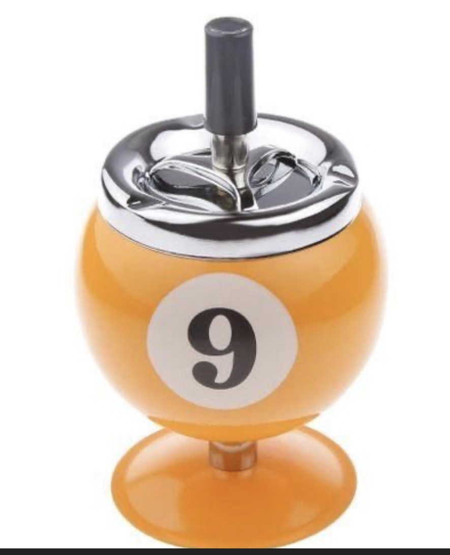 Retro Pool Ball SPINNING Ashtray Mechanical Yellow #9 Chrome VTG MCM New In Box