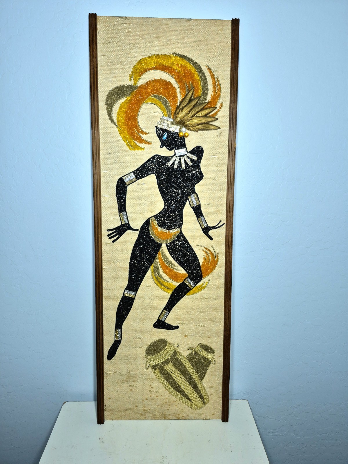 Vintage 1960s MCM Gravel Art Panel Calypso Dancer Wall Decor 12" x 36"