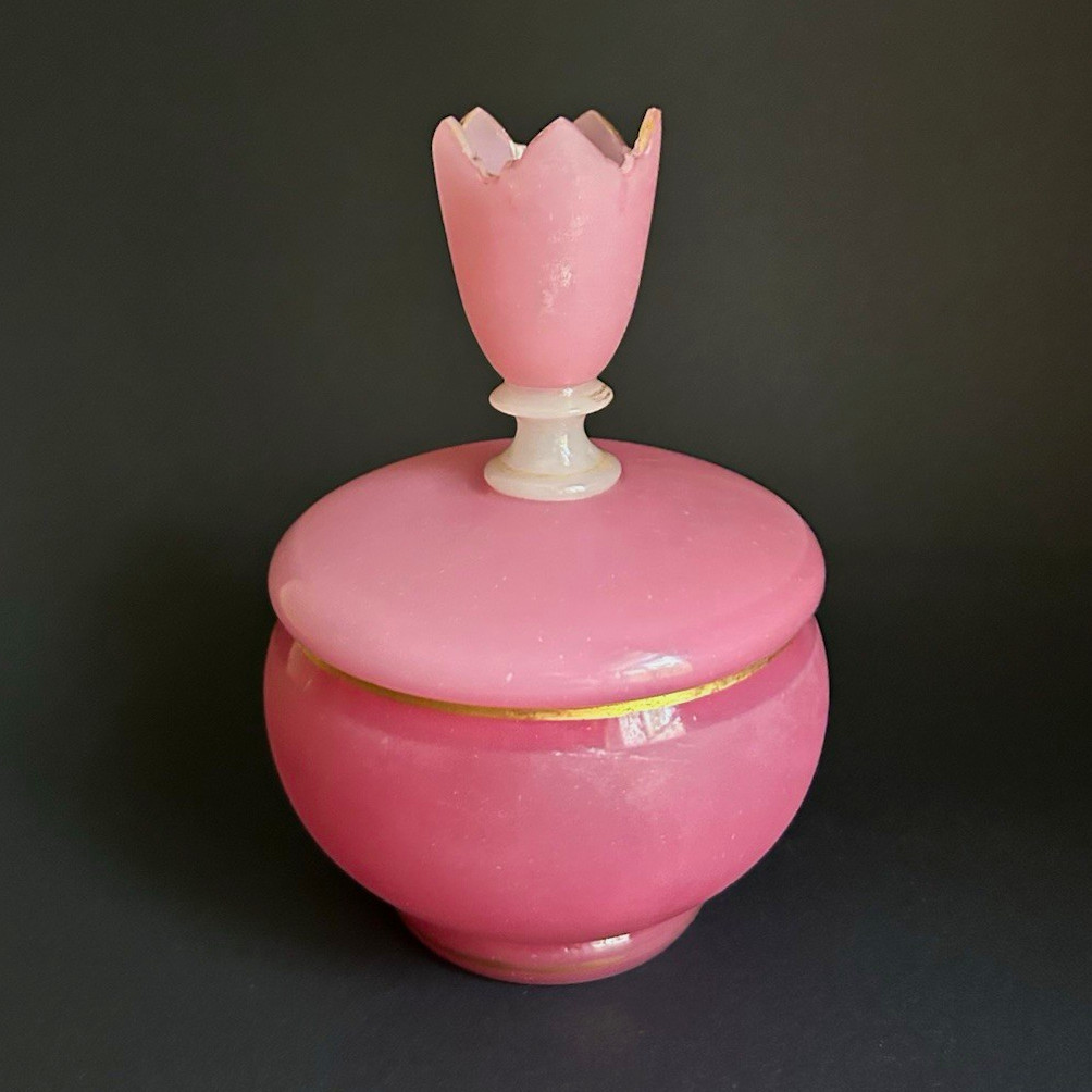 Antique  Pink Opaline Satin Glass Covered Powder Jar Gold Trim