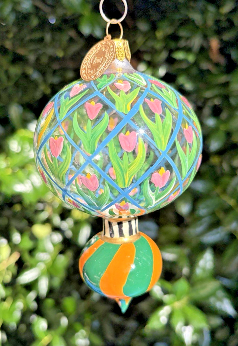 MINT Vintage MacKenzie-Childs Double Drop Tulip Glass Ornament with Metal Tag MINT Vintage MacKenzie-Childs Double Drop Tulip Glass Ornament with Metal Tag