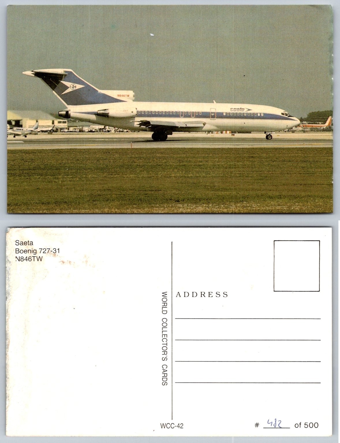 SAETA Boeing 727-31 N846TW Aircraft Aviation Postcard WCC-42 Ltd Ed
