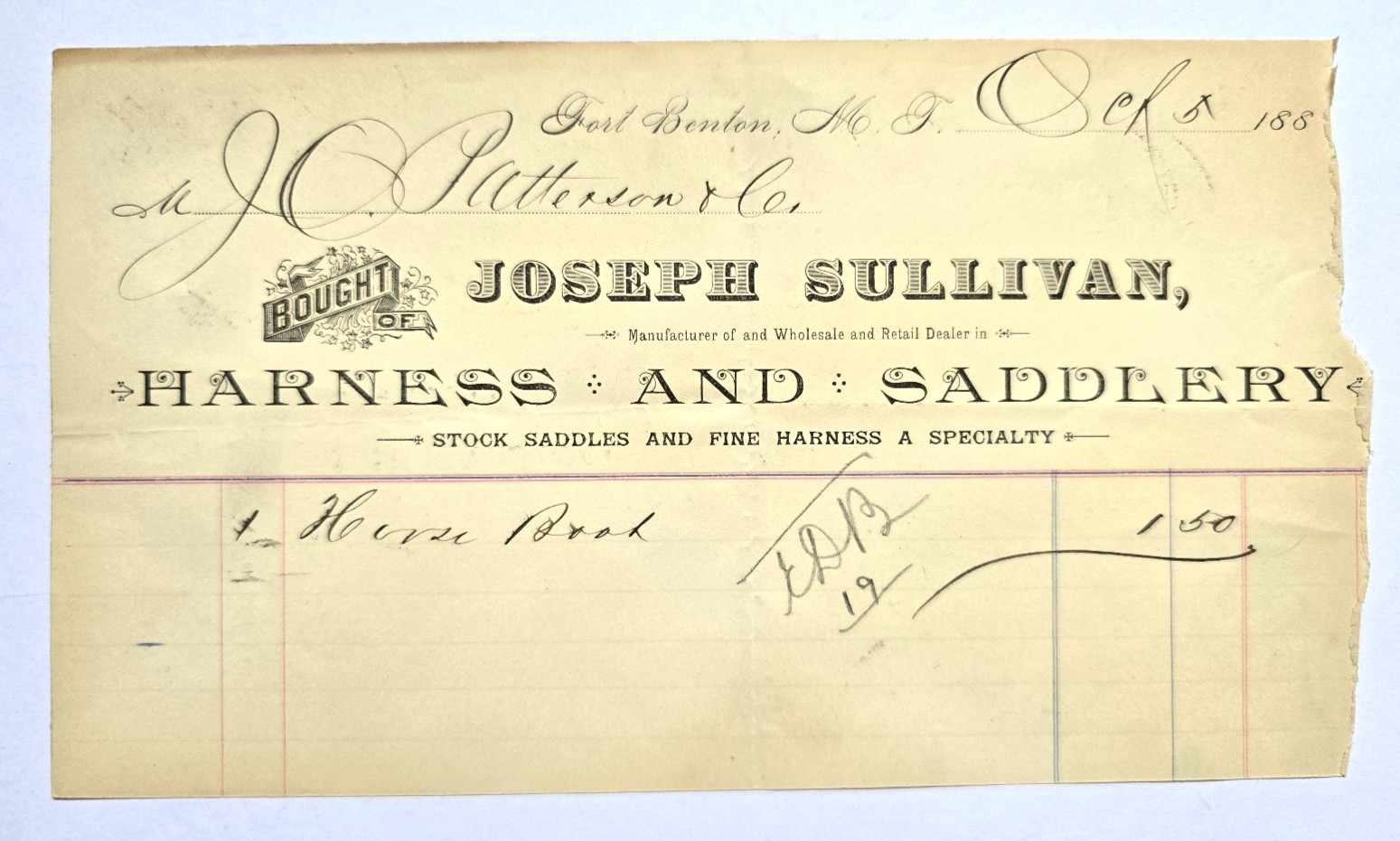 Antique Billhead/Invoice JOSEPH SULLIVAN, HARNESS AND SADDLERY Oct. 5 *1880's Antique Billhead/Invoice JOSEPH SULLIVAN, HARNESS AND SADDLERY Oct. 5 *1880's
