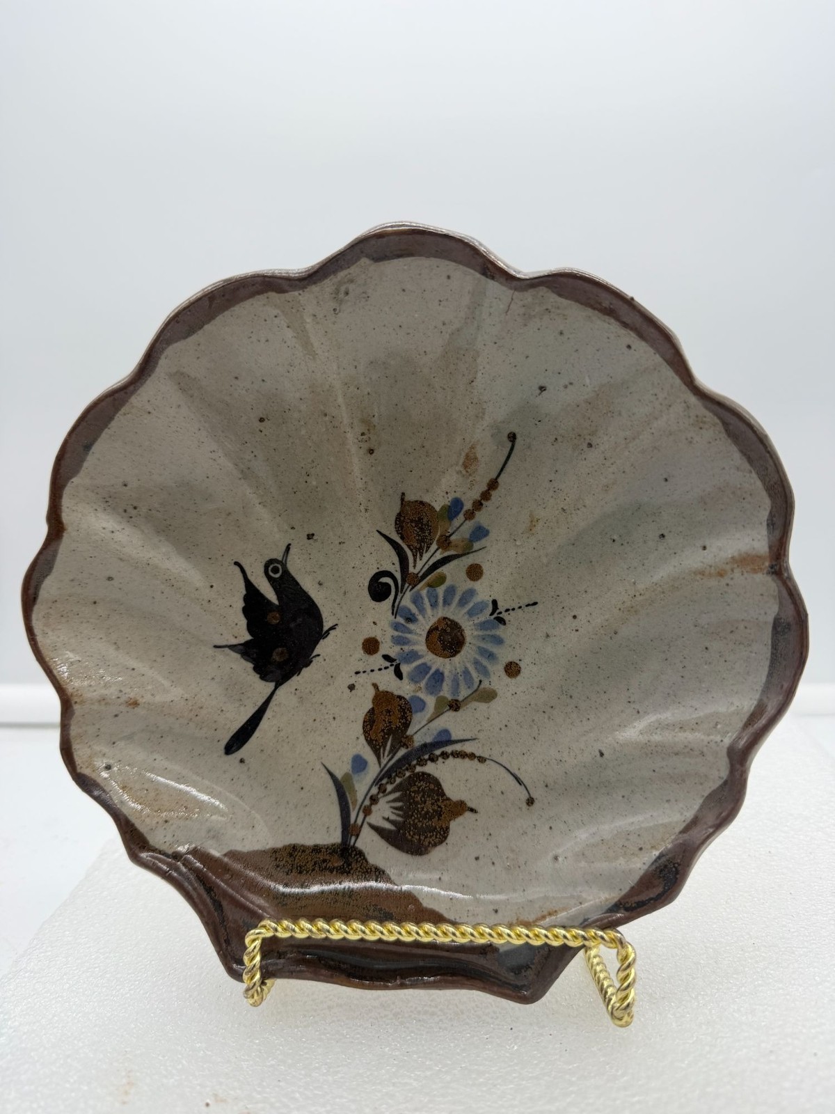 Jorge Wilmot Tonala Mexico Pottery Shell Shaped Dish Bird Floral Design-AS IS Jorge Wilmot Tonala Mexico Pottery Shell Shaped Dish Bird Floral Design-AS IS