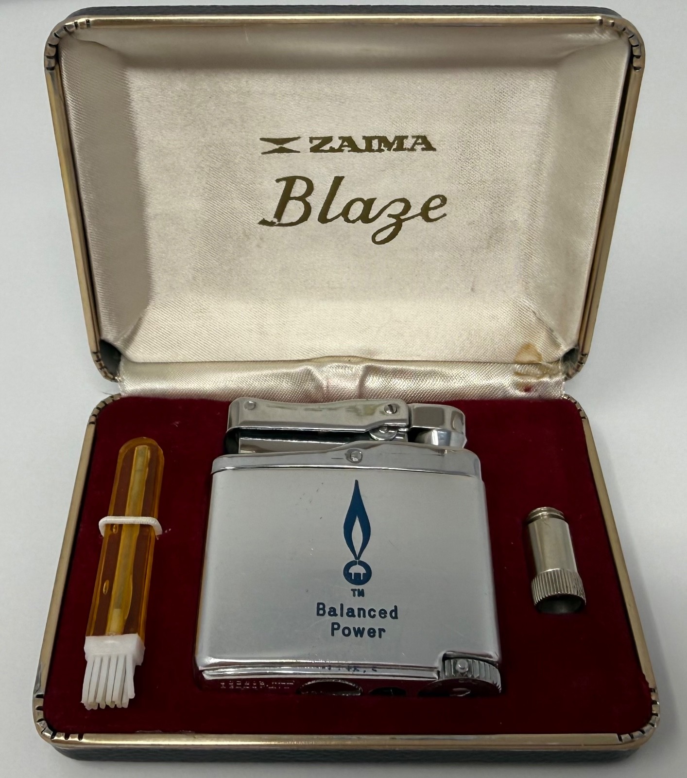 Vintage ZAIMA Blaze Butane Gas Lighter Balanced Power Chrome w/ Case & Manual Vintage ZAIMA Blaze Butane Gas Lighter Balanced Power Chrome w/ Case & Manual