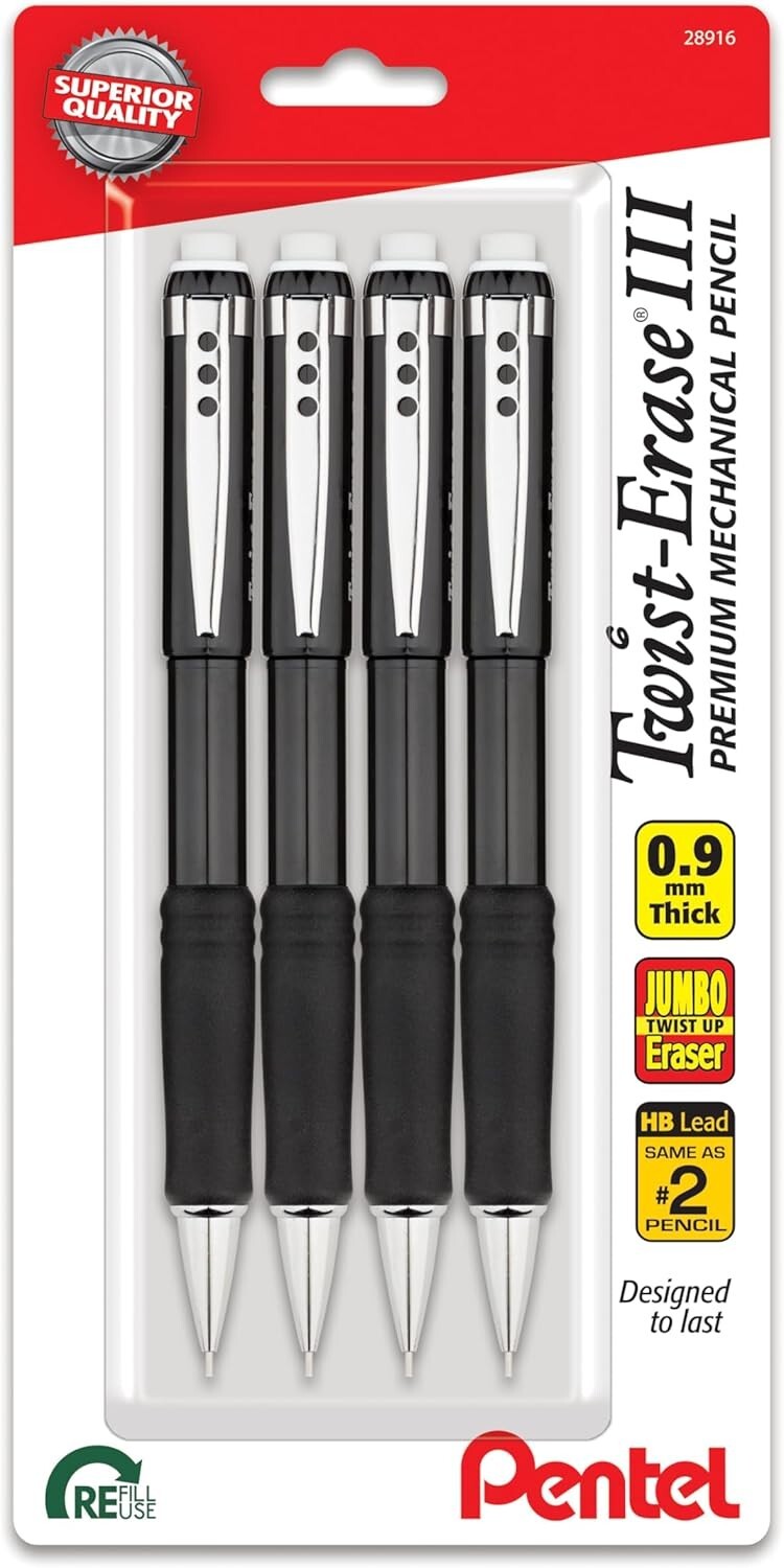 Pentel Twist-Erase III Mechanical Pencil, (0.9mm), Black Barrel, Pack of 4 Pentel Twist-Erase III Mechanical Pencil, (0.9mm), Black Barrel, Pack of 4