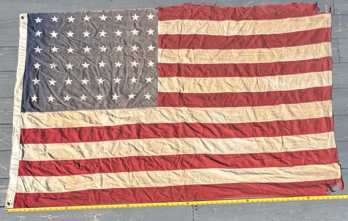 Vintage 48 Star American Flag WWII Era Sewn Stars Cotton 67"x42" Tattered Patina Vintage 48 Star American Flag WWII Era Sewn Stars Cotton 67"x42" Tattered Patina