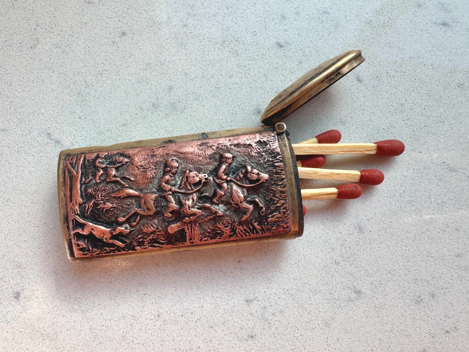 Antique 19th Cent. Pocket Vesta Case Match Safe Brass Copper Hunting Circa 1890s Antique 19th Cent. Pocket Vesta Case Match Safe Brass Copper Hunting Circa 1890s