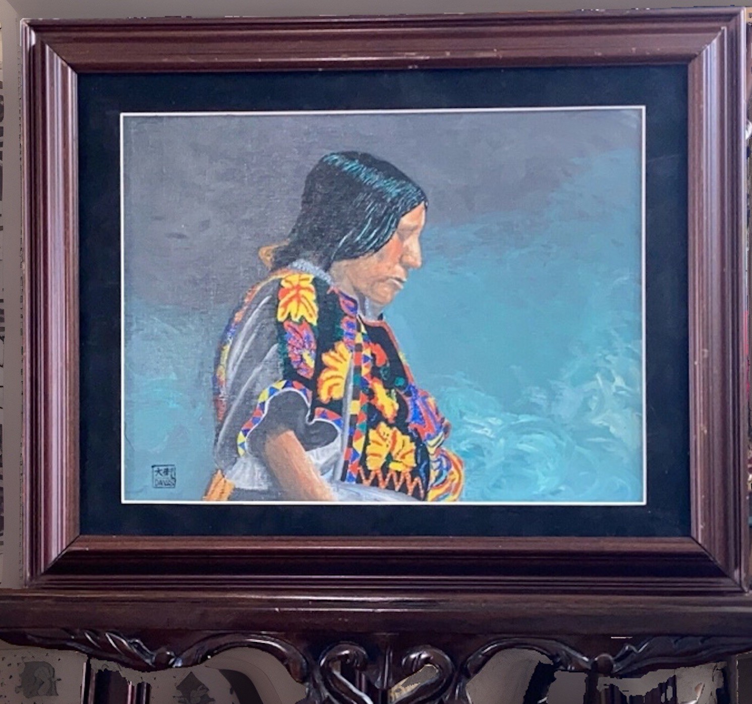 Vintage Framed oil on Canvas Wooden Board of Native Warrior Signed By DAVIS