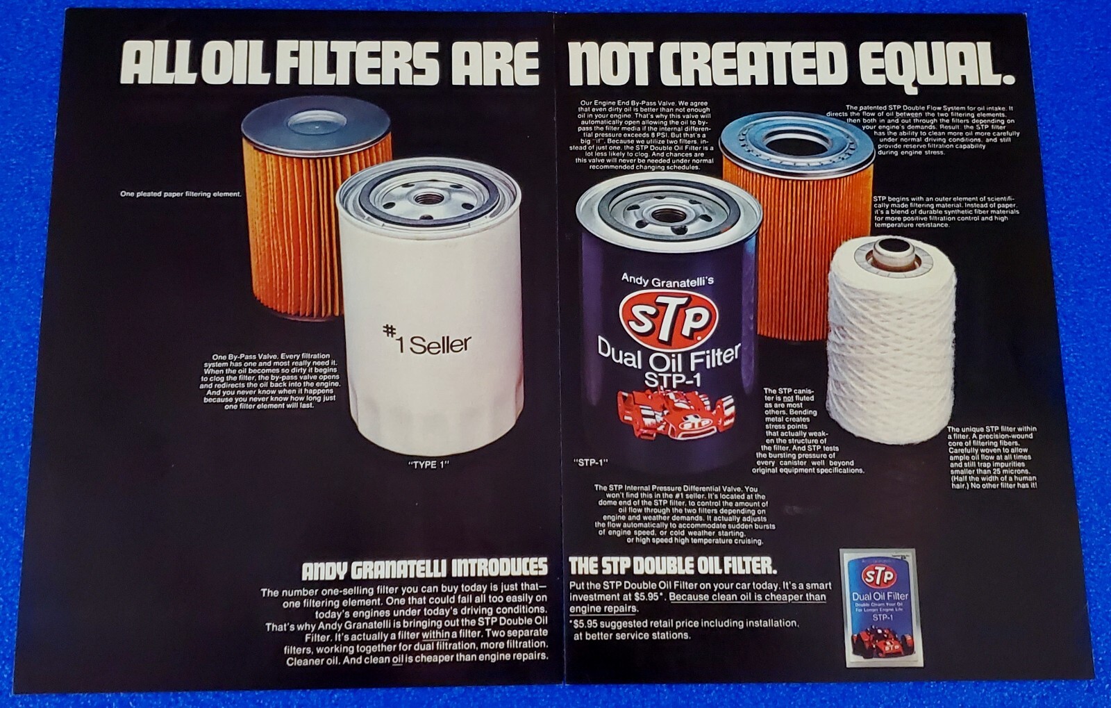 1972 CLASSIC STP DUAL OIL FILTER ORIGINAL 2 PAGE PRINT AD "NOT CREATED EQUAL"