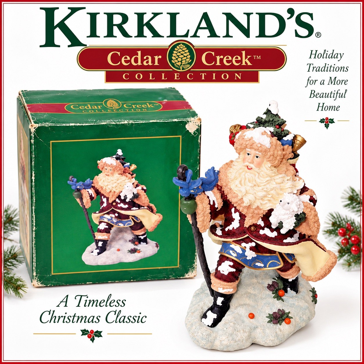 'KIRKLAND's LARGE SANTA FIGURINE CEDAR CREEK SANTA With Toy Bag, 11.5" Tall