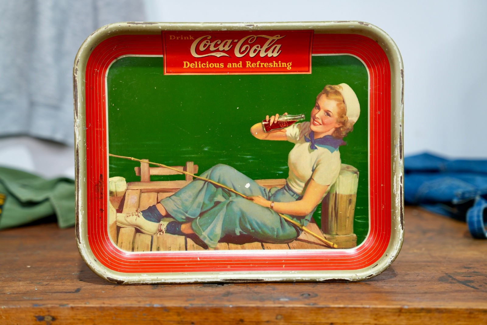 Vintage Original Coca Cola Serving Tray 1940 Sailor Girl Fishing Pole Metal Sign