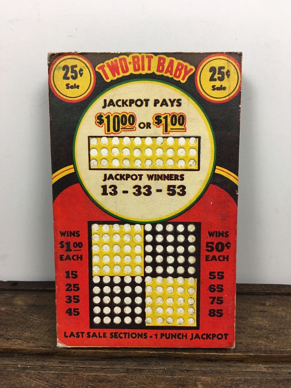 Vintage Two Bit Baby 25¢ Sale Gambling Lotto 100 Hole Punch Board Yellow Vintage Two Bit Baby 25¢ Sale Gambling Lotto 100 Hole Punch Board Yellow
