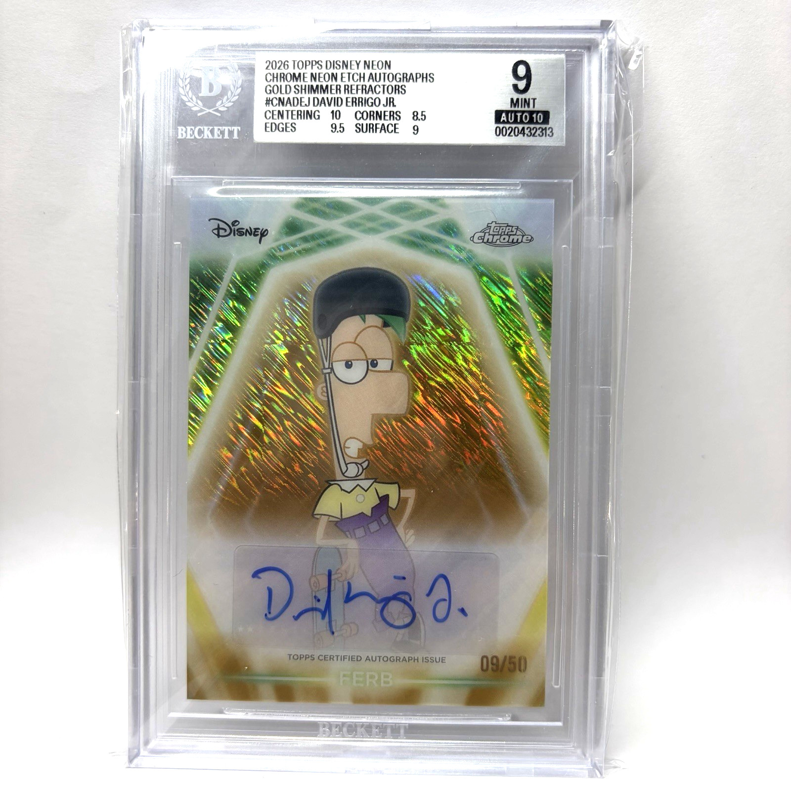 GRADED (9) 2026 Topps Chrome Neon Disney Gold Shimmer Ferb Etch Auto #/50 GRADED (9) 2026 Topps Chrome Neon Disney Gold Shimmer Ferb Etch Auto #/50