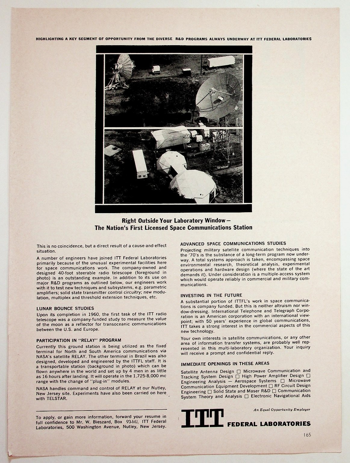 ITT Federal Labs Space Communications R&D Ad NASA RELAY Satellite Ephemera ITT Federal Labs Space Communications R&D Ad NASA RELAY Satellite Ephemera