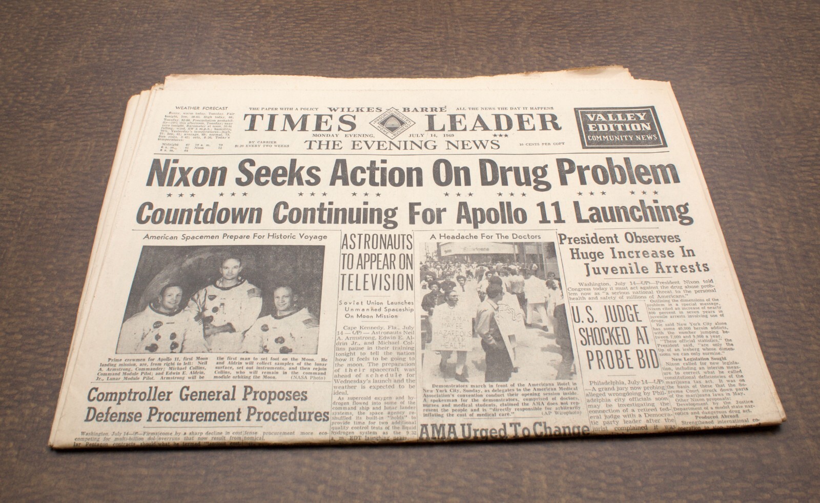 Wilkes Barre Times Leader July 14, 1969 Apollo 11 Neil Armstrong Wilkes Barre Times Leader July 14, 1969 Apollo 11 Neil Armstrong