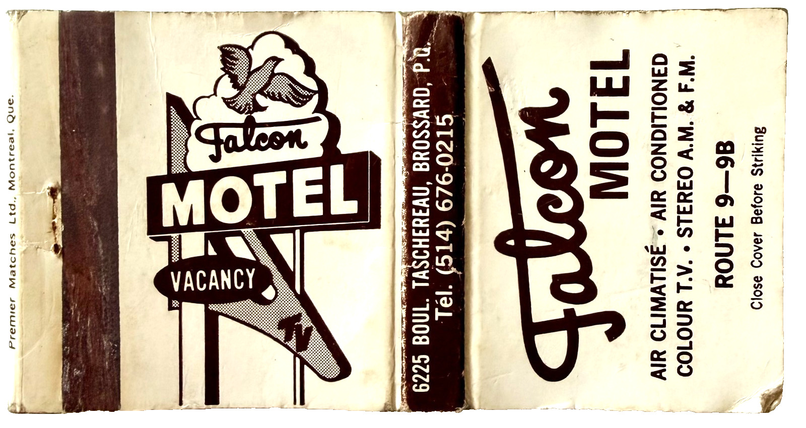 1960s Falcon Motel Matchbook Cover Brossard Quebec Canada Route 9 Vintage 1960s Falcon Motel Matchbook Cover Brossard Quebec Canada Route 9 Vintage