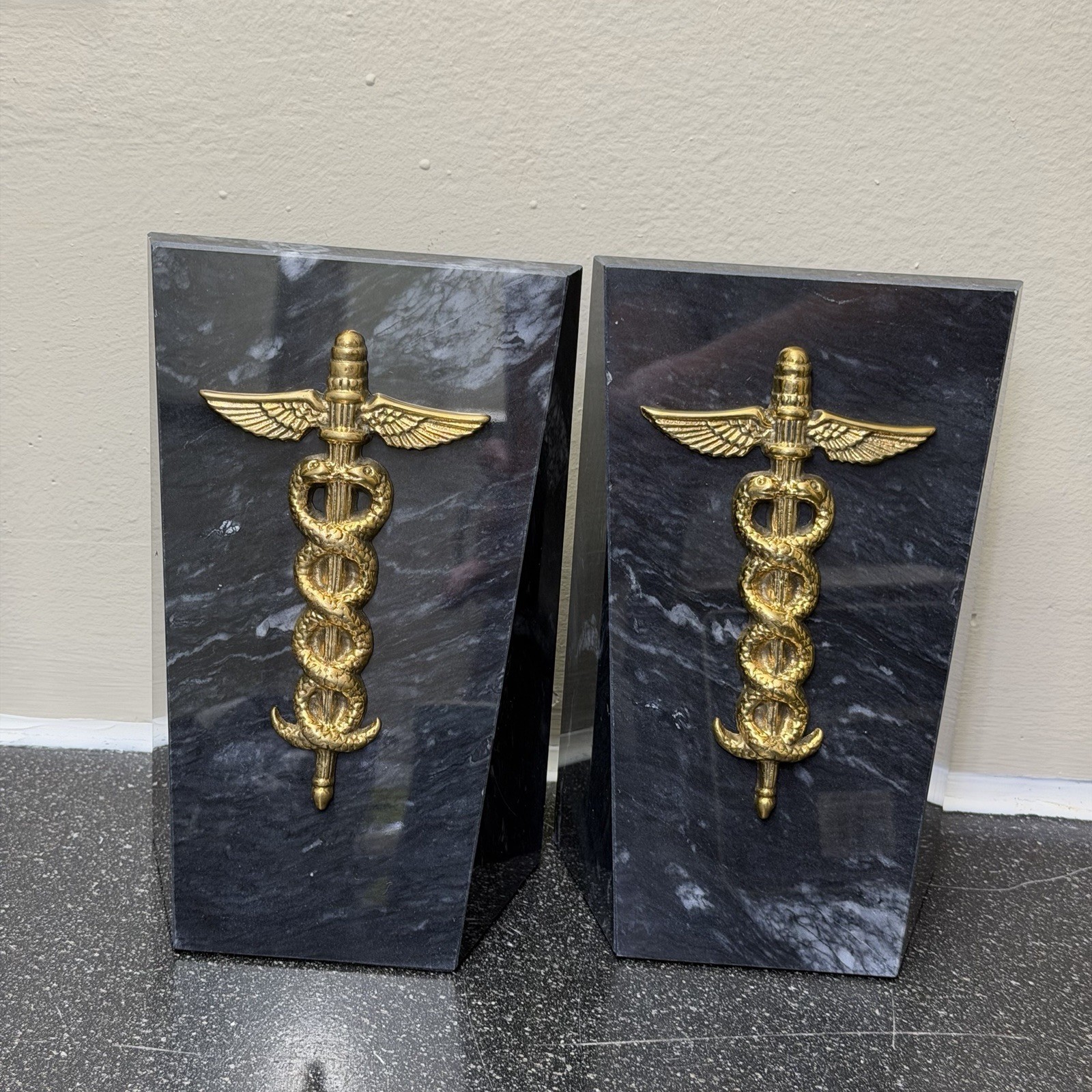 NOS GATCO Caduceus Bookends Marble & Brass Medical Doctor Gift Original Box