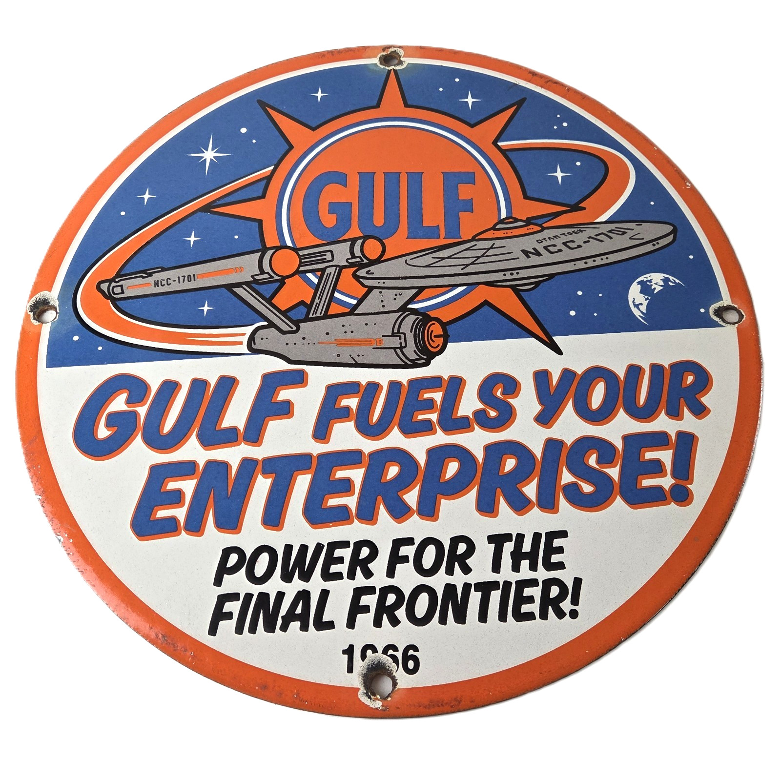 Vintage Gulf Gasoline Porcelain Sign - Star Trek Enterprise Gas Station Sign Vintage Gulf Gasoline Porcelain Sign - Star Trek Enterprise Gas Station Sign