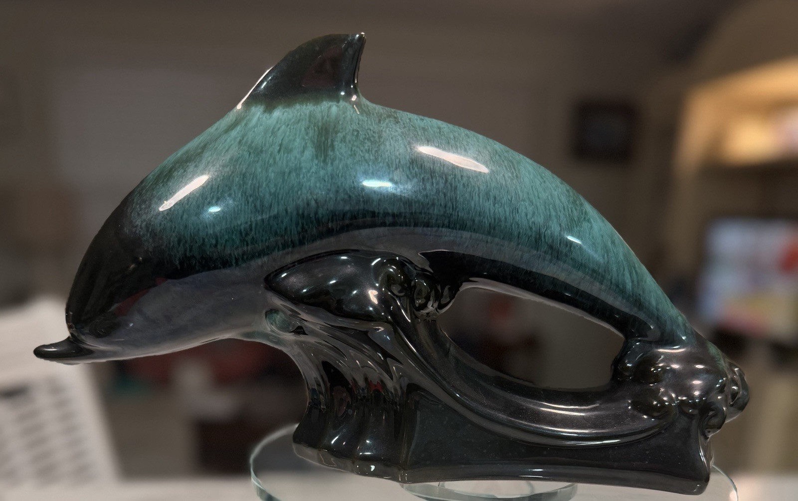 Vintage Blue Mountain Pottery 12" Leaping Dolphin Figurine Green Teal Drip Glaze Vintage Blue Mountain Pottery 12" Leaping Dolphin Figurine Green Teal Drip Glaze