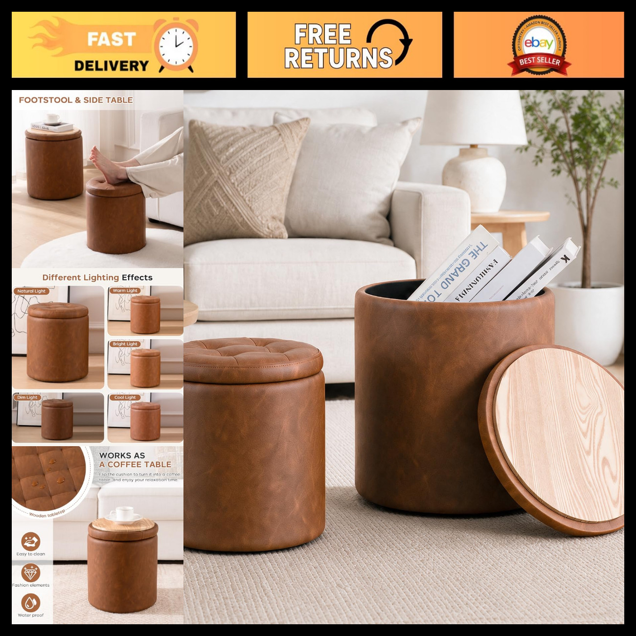 Leather Storage Ottoman Round, Foot Stool with Storage for Living Room Leather Storage Ottoman Round, Foot Stool with Storage for Living Room