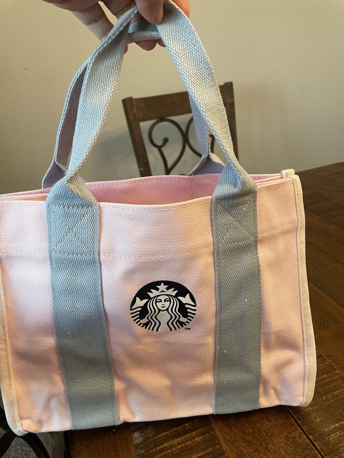 Starbucks pink mini tote bag gray handles siren logo coffee & tea advertising Starbucks pink mini tote bag gray handles siren logo coffee & tea advertising
