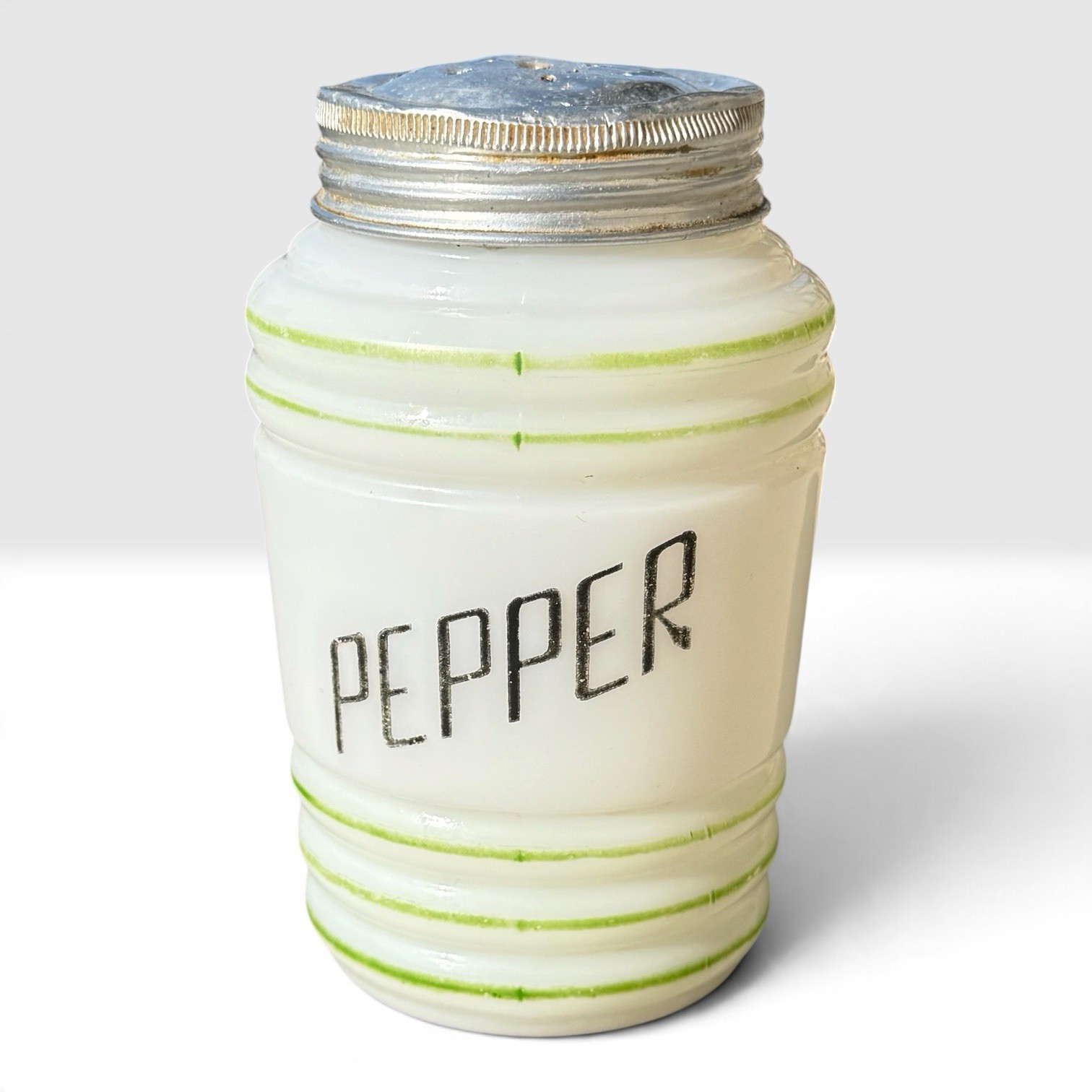 Vintage Hazel Atlas Milk Glass Beehive Pepper Range Shaker Green Stripes 4.5"