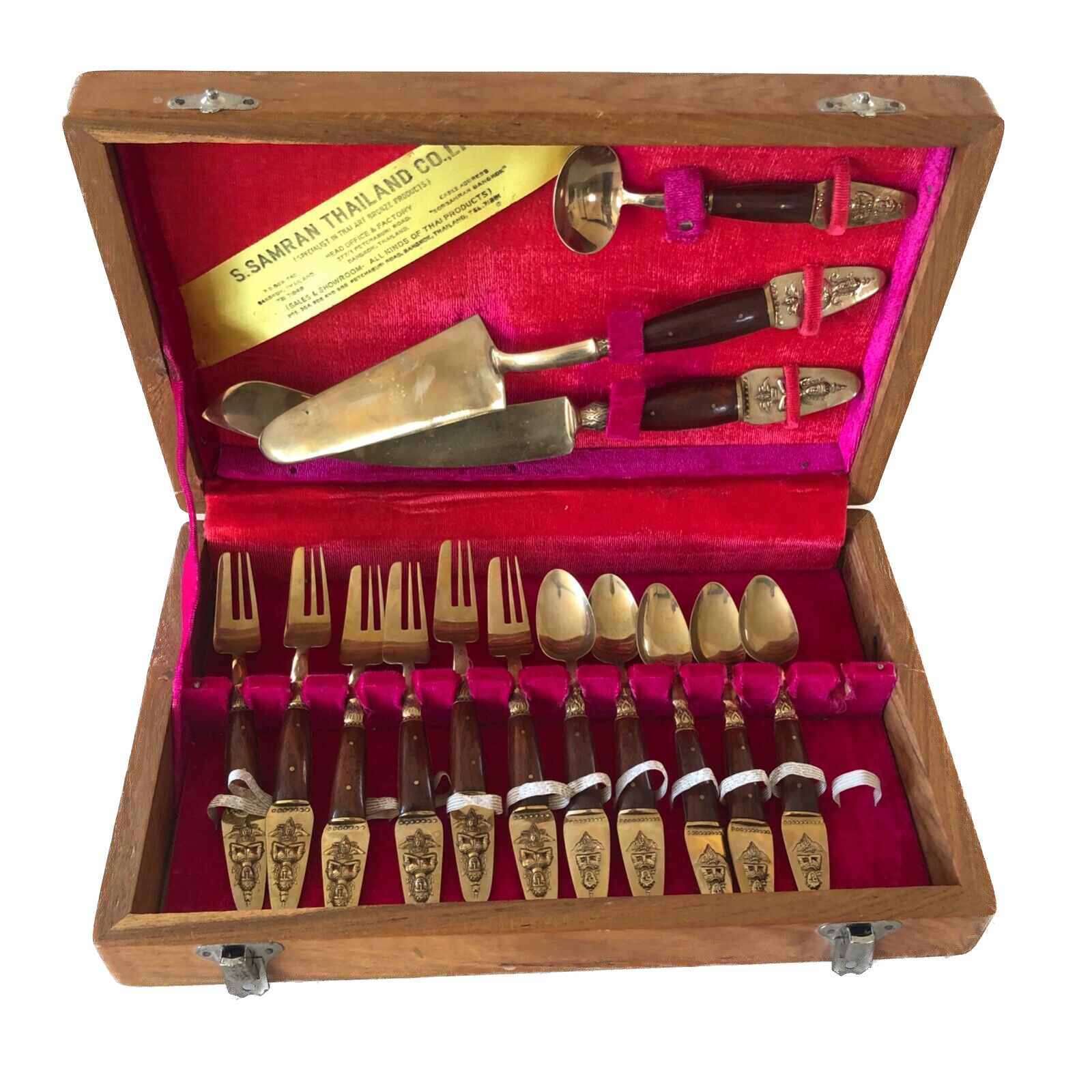 S. Samran Thailand Brass Flatware Set Wood Handles Wooden Case SEE CONDITION S. Samran Thailand Brass Flatware Set Wood Handles Wooden Case SEE CONDITION
