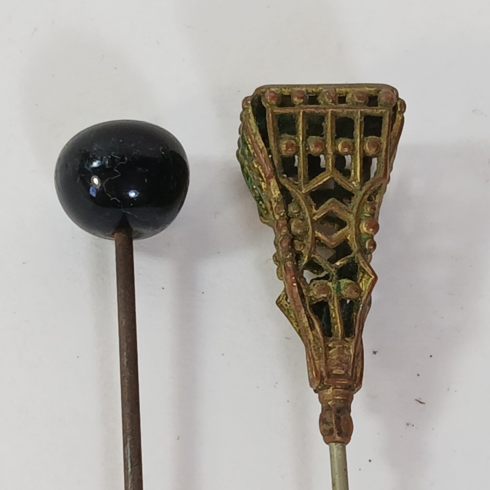 Lot of 2x Antique Hatpin Black & Gold Tone Open Work Lot of 2x Antique Hatpin Black & Gold Tone Open Work