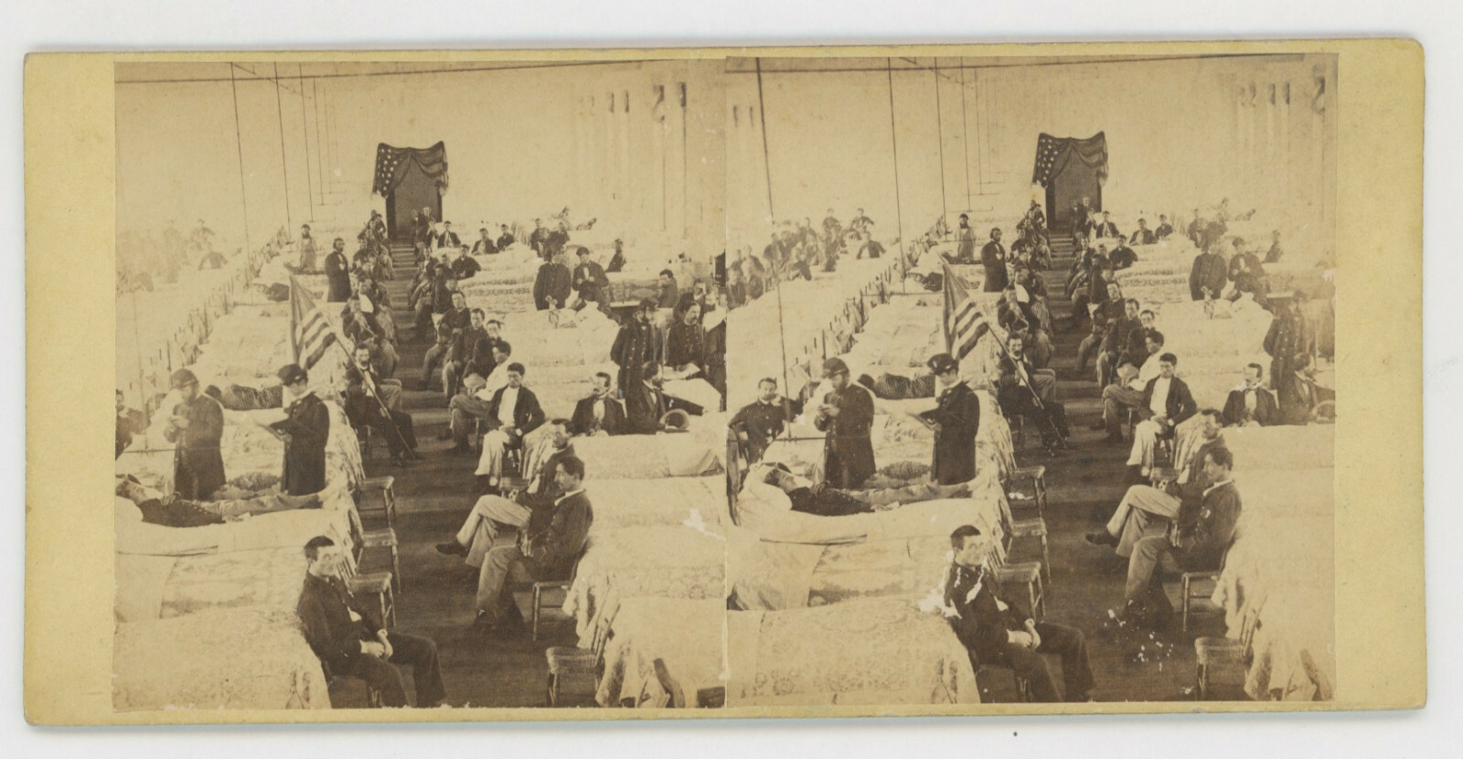 1860's STEREOVIEW CIVIL WAR UNION HOSPITAL, DOCTORS, PATIENTS, AMERICAN FLAGS 