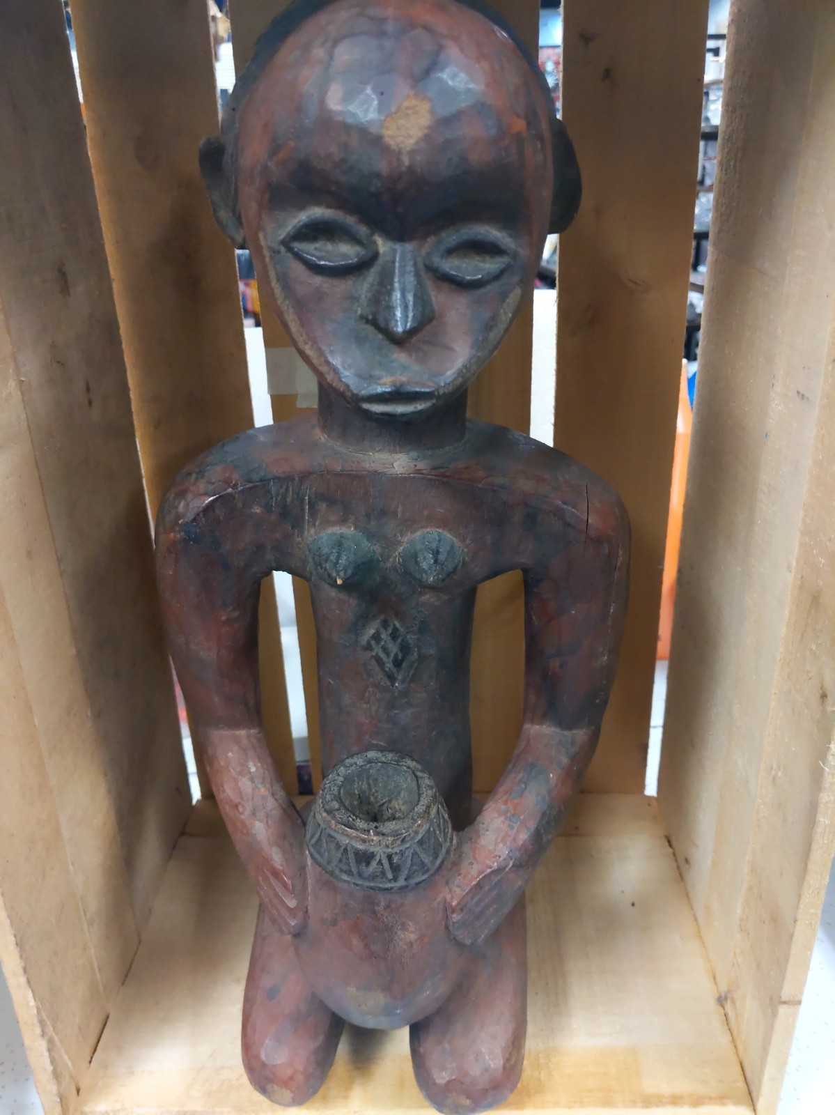 Antique African Fine Art, VTG Hand Carved Wood Female Figure W/ Bowl 17" Antique African Fine Art, VTG Hand Carved Wood Female Figure W/ Bowl 17"