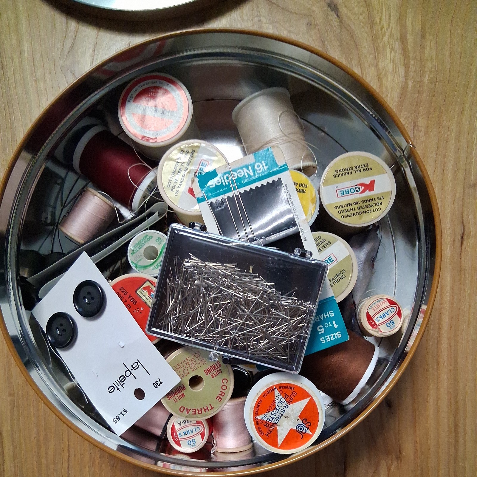 VTG Sewing Notions Lot Retro Tin, Thread Spools, Pins, Buttons Needles VTG Sewing Notions Lot Retro Tin, Thread Spools, Pins, Buttons Needles