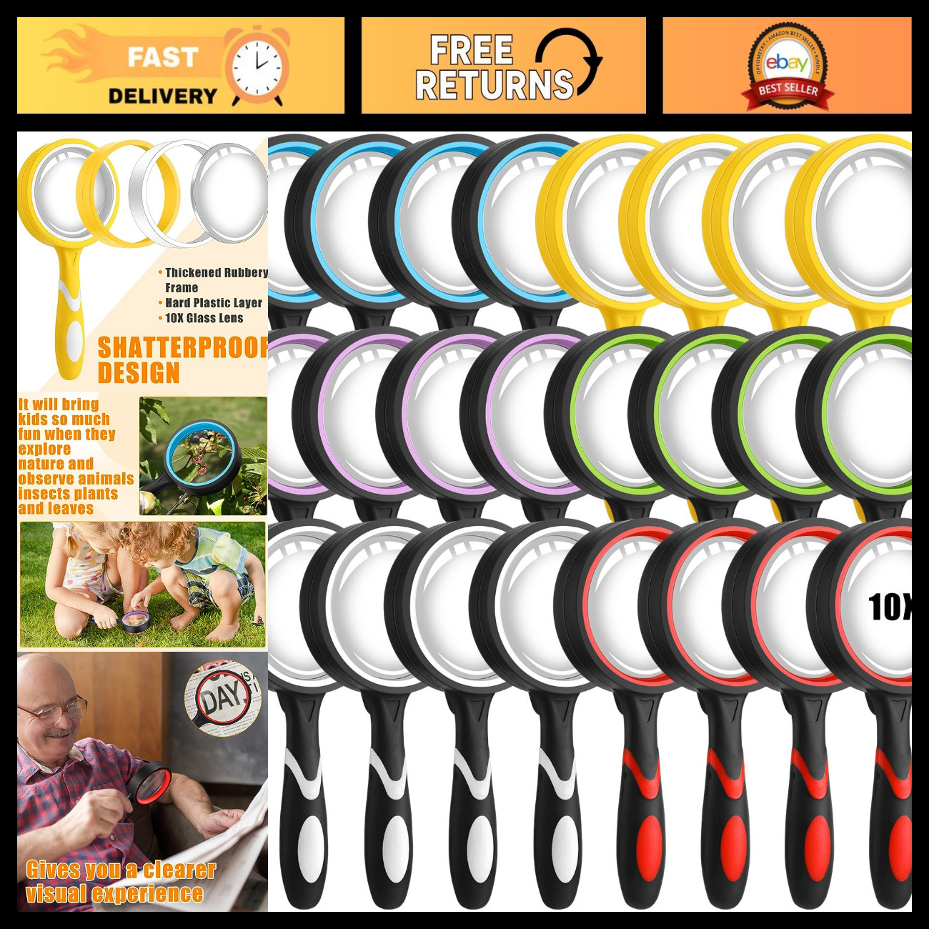 Xuhal 24 Pcs 10X Magnifying Glass for Kids and Seniors, Multicolor Xuhal 24 Pcs 10X Magnifying Glass for Kids and Seniors, Multicolor