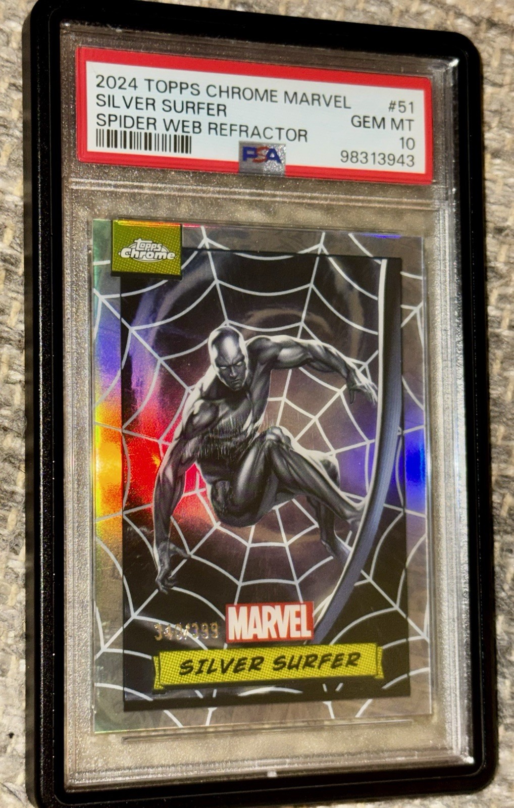 2024 TOPPS CHROME MARVEL SILVER SURFER SPIDER WEB REFRACTOR /399 PSA 10 LOW POP 2024 TOPPS CHROME MARVEL SILVER SURFER SPIDER WEB REFRACTOR /399 PSA 10 LOW POP
