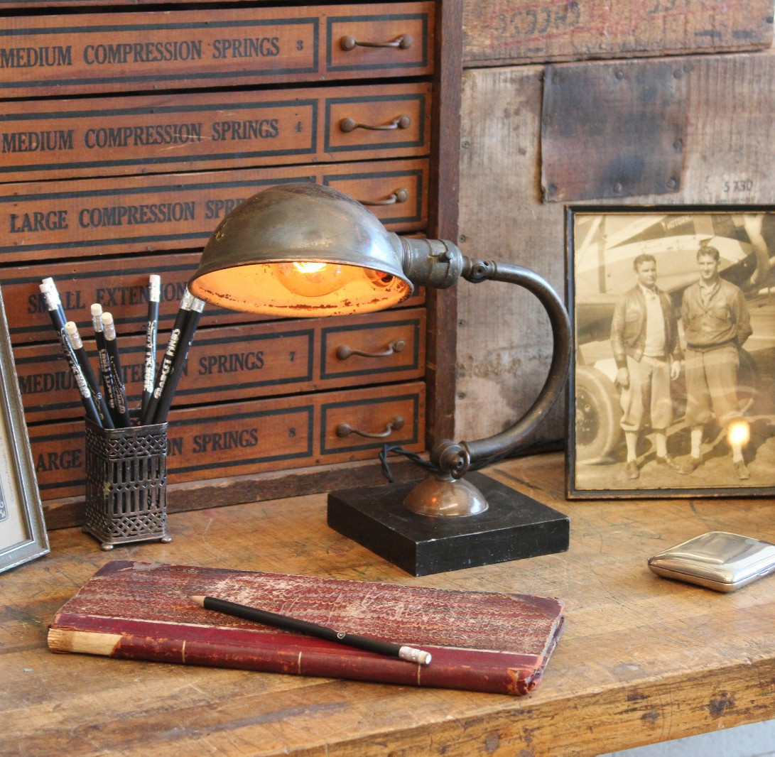 Vtg Antique Art Deco Copper Industrial Desk Table Lamp Light Greist Slate Base Vtg Antique Art Deco Copper Industrial Desk Table Lamp Light Greist Slate Base