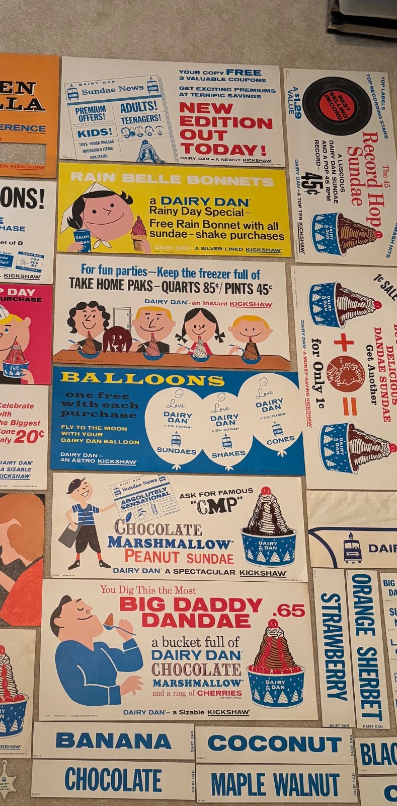 Vtg 1962 Dairy Dan Inc. Ice Cream, Daily Flavor Menu Board & Ads + Jerk Hat