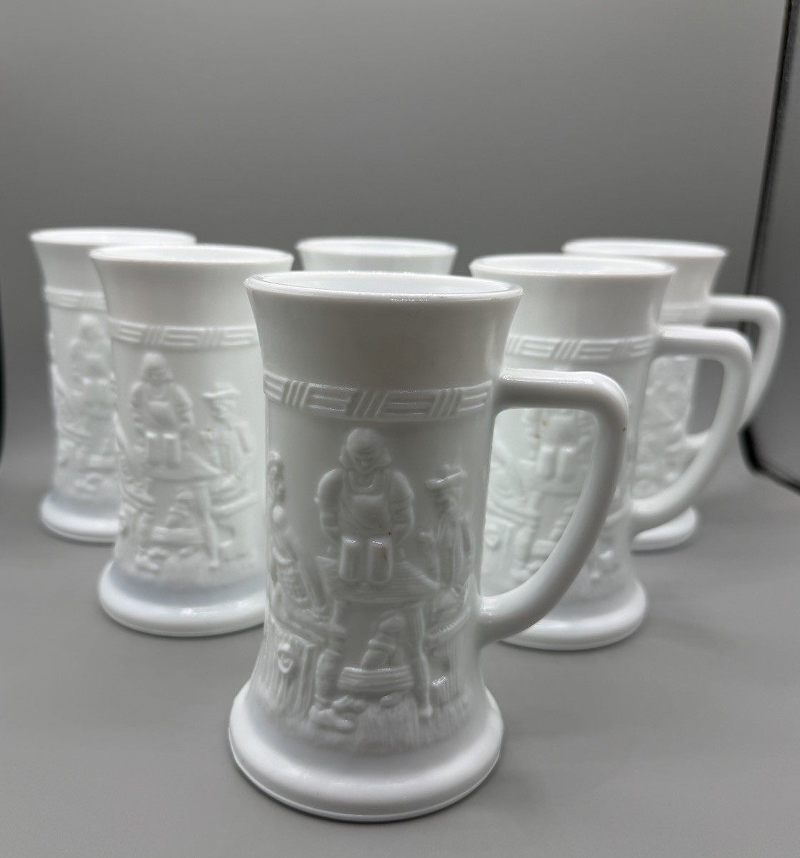 Vintage Set Of 6 Federal Milk Glass Beer Stein Mugs Tankard With Tavern Scene