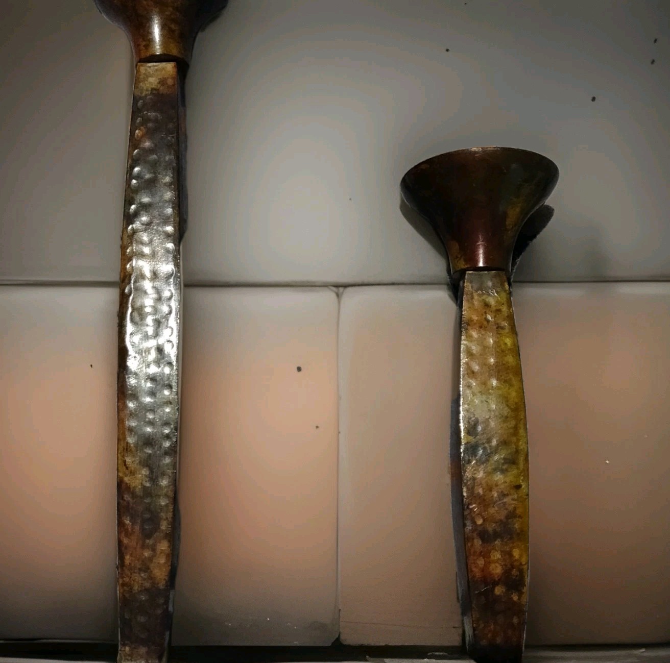 Vintage Candlesticks Pair- 12 and 8" Heavy Metal Hammered Brutalist Gothic Style Vintage Candlesticks Pair- 12 and 8" Heavy Metal Hammered Brutalist Gothic Style