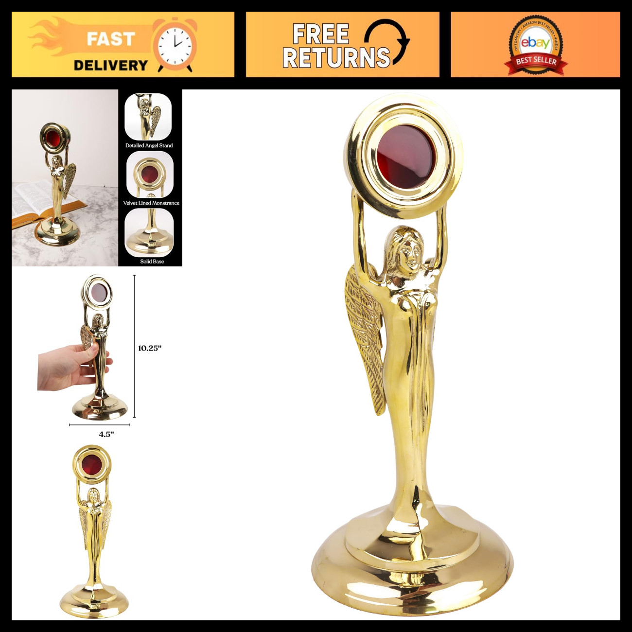 Polished Brass Angel Monstrance - Catholic Reliquary Display, 4.5" x 10.25" Reli