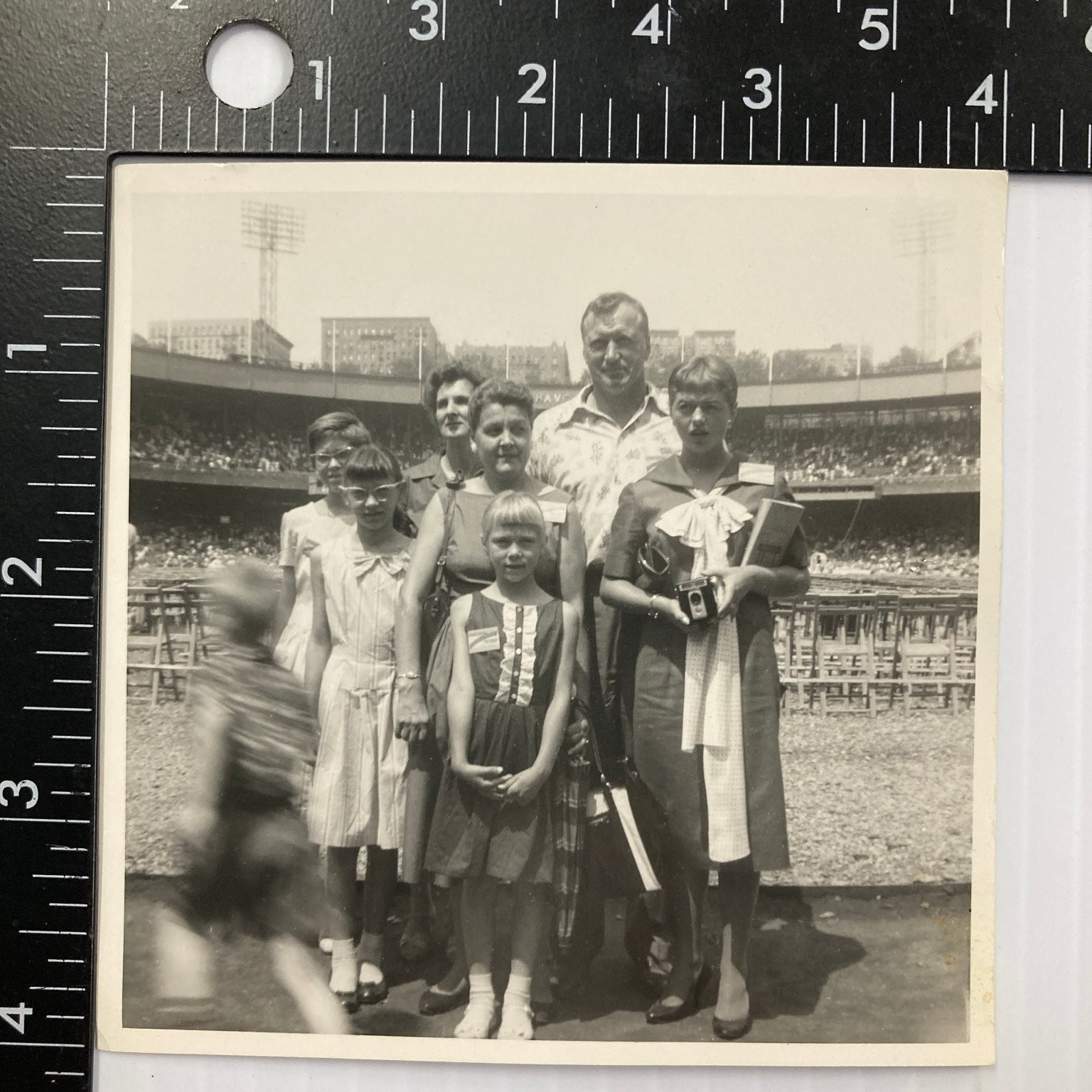 Family Group 1950s 1960s Snapshot Photograph Baseball Stadium Camera Family Group 1950s 1960s Snapshot Photograph Baseball Stadium Camera