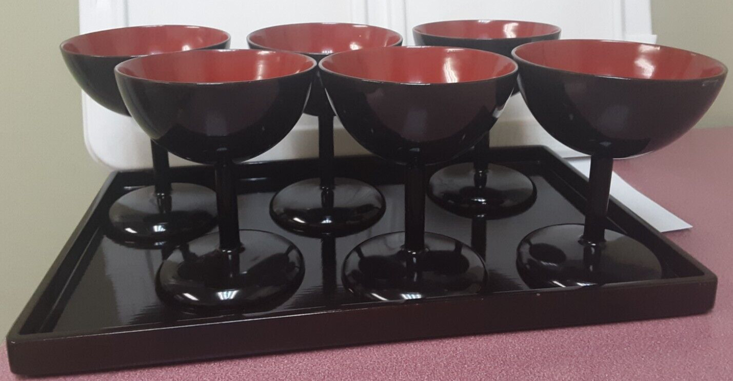 VINTAGE Japanese Lacquerware 6 Cups and Tray Set by BENBO, Made in Okinawa Japan VINTAGE Japanese Lacquerware 6 Cups and Tray Set by BENBO, Made in Okinawa Japan