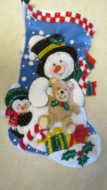 Christmas Stocking felt Hand stitched Bucilla Snowman and Teddy Bear finished