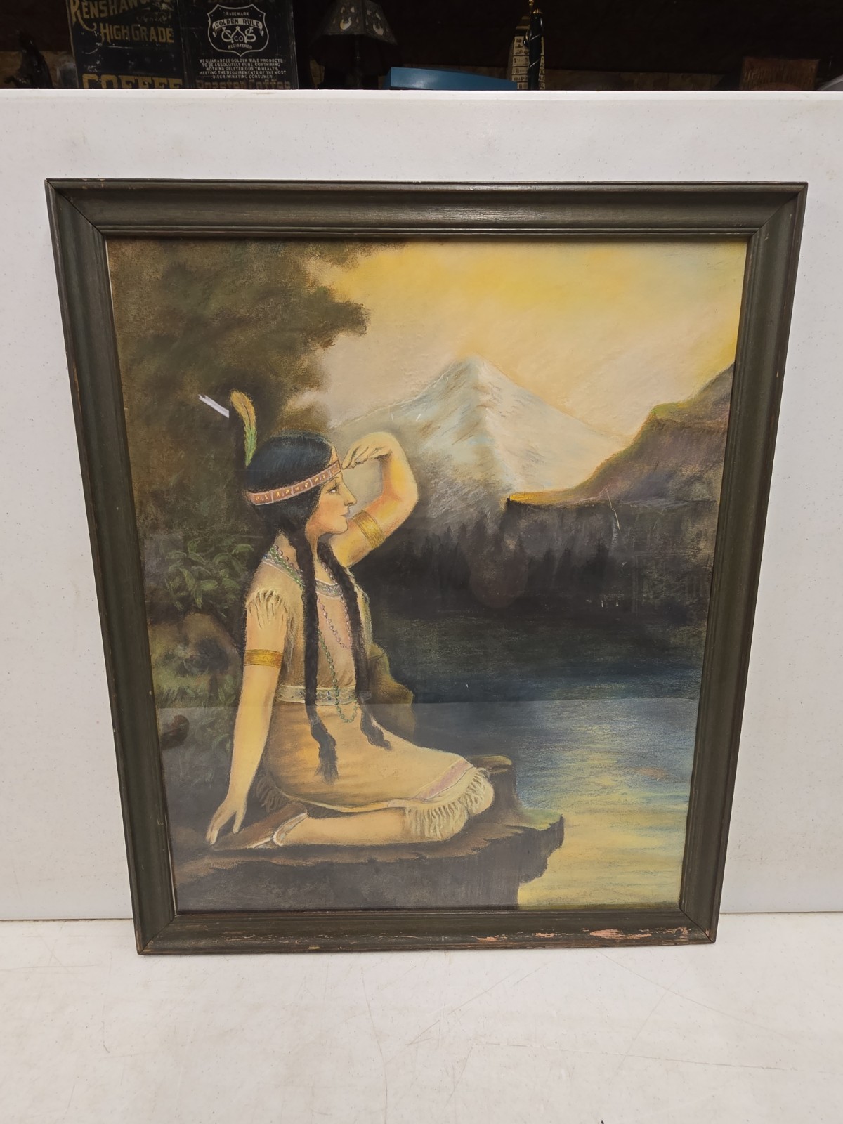 Antique 27" Framed The Signal A Heibel Native American Indian Maiden Litho Print Antique 27" Framed The Signal A Heibel Native American Indian Maiden Litho Print