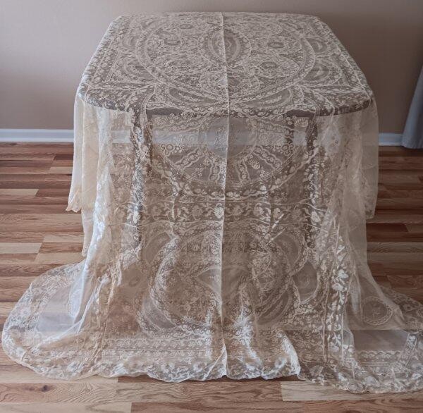 Antique Normandy Mixed Lace Tablecloth Coverlet France Tag Unused 94" Antique Normandy Mixed Lace Tablecloth Coverlet France Tag Unused 94"