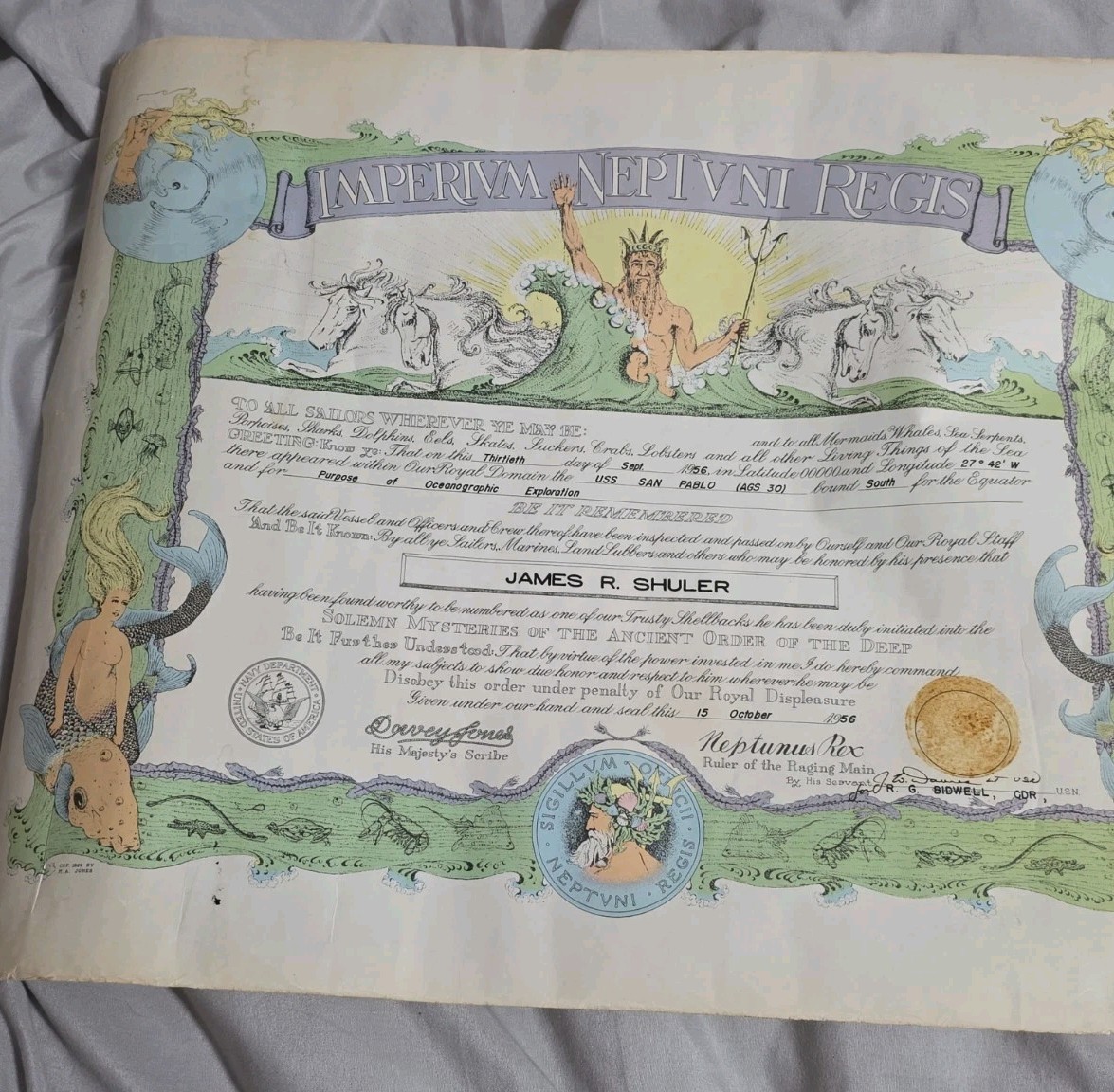 U.S.N.: "Shellback": 15 x 20, Certificate (Personalized) 1943 U.S.N.: "Shellback": 15 x 20, Certificate (Personalized) 1943